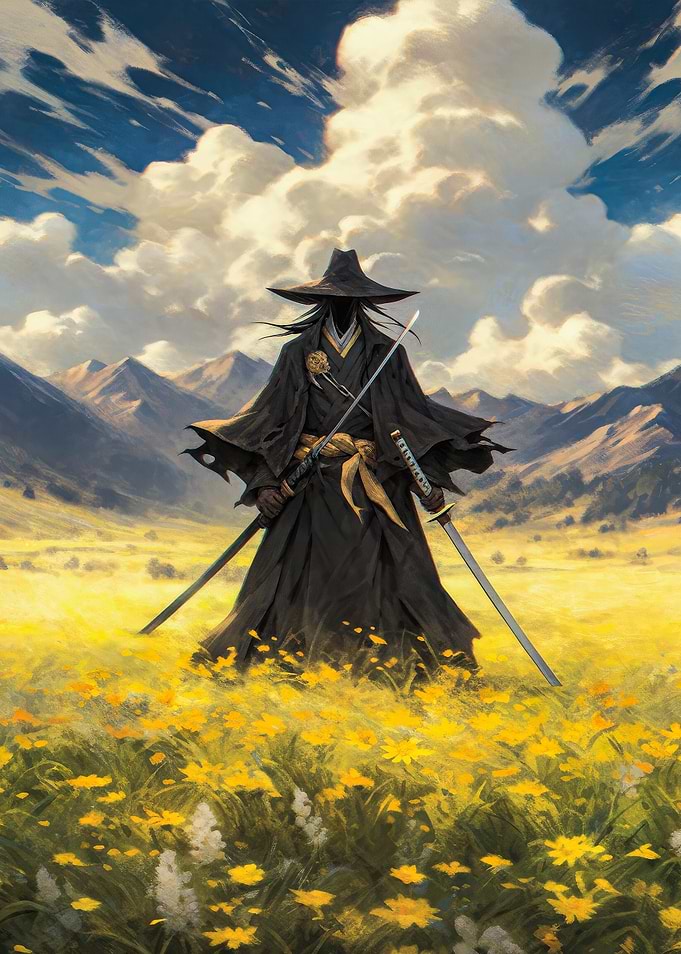 Shadow Samurai in Yellow Flower Field