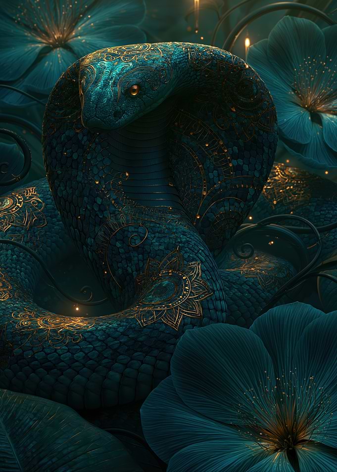 Ornate Teal Cobra Among Flowers