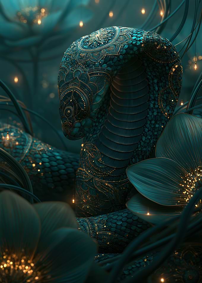 Ornate Teal Cobra in Floral Garden
