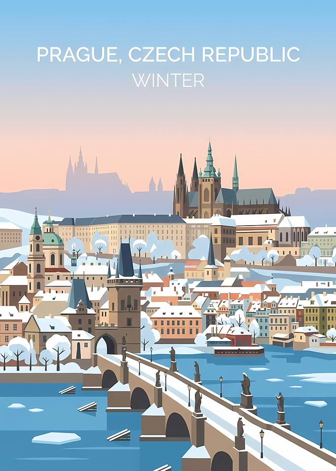 Prague Winter Cityscape Travel Poster