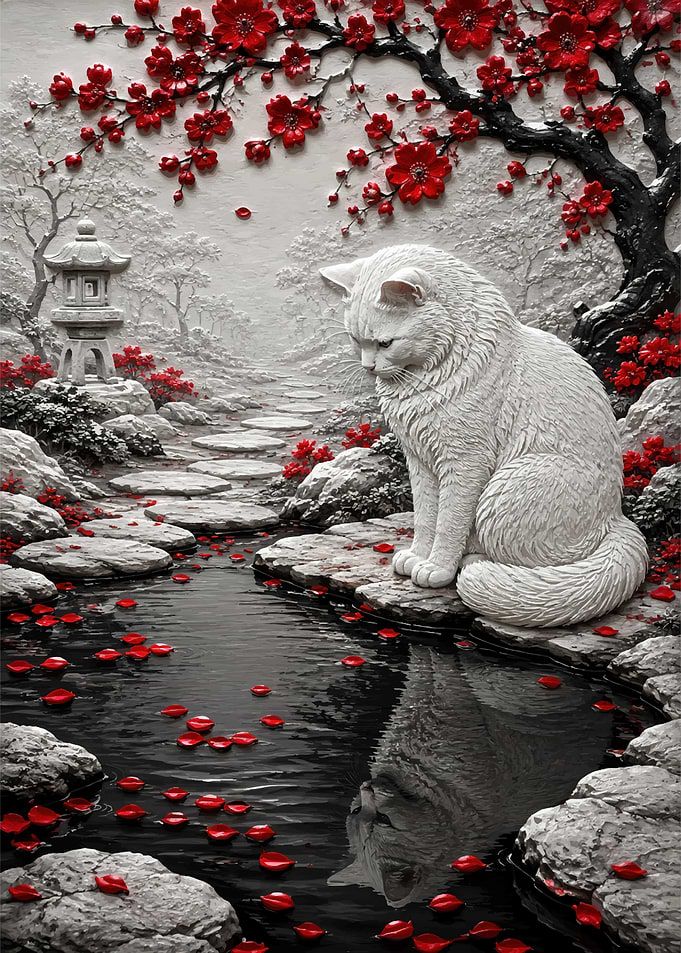 White Cat by Red Blossom Pond