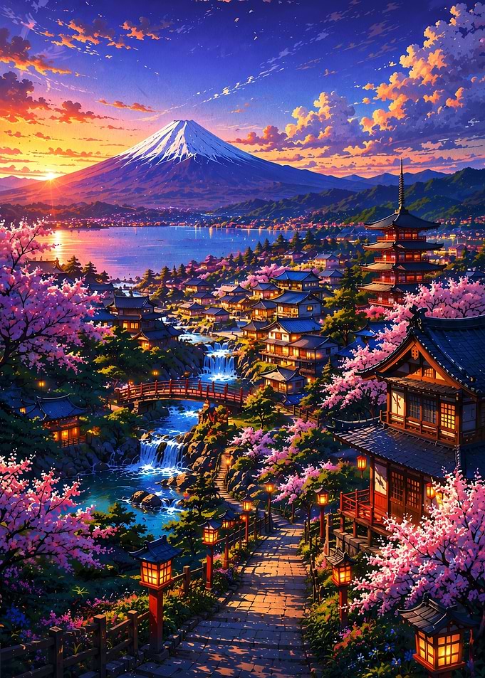 Mount Fuji Sunset Village Landscape