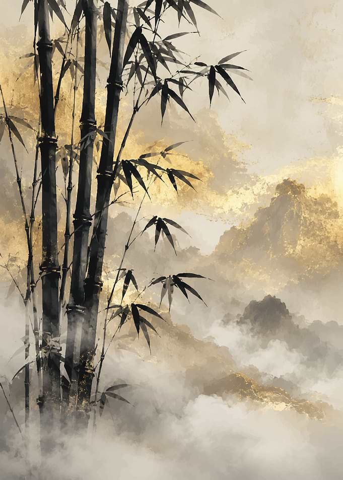 Golden Bamboo and Misty Mountains