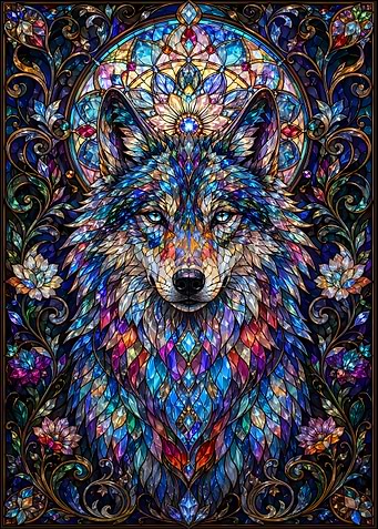 Stained Glass Wolf Mosaic Art