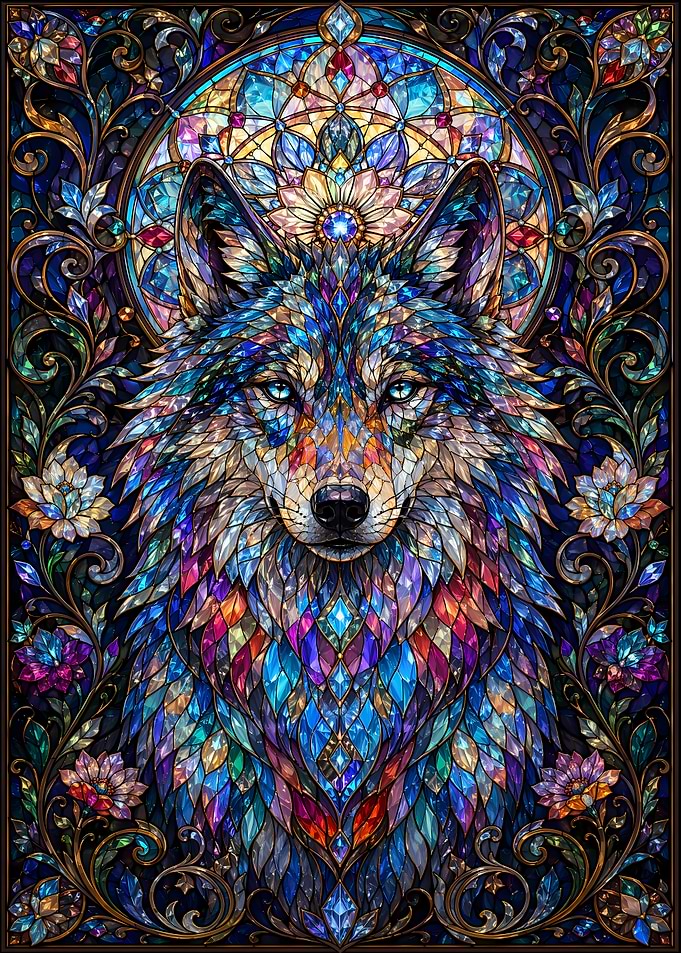 Stained Glass Wolf Mosaic Art