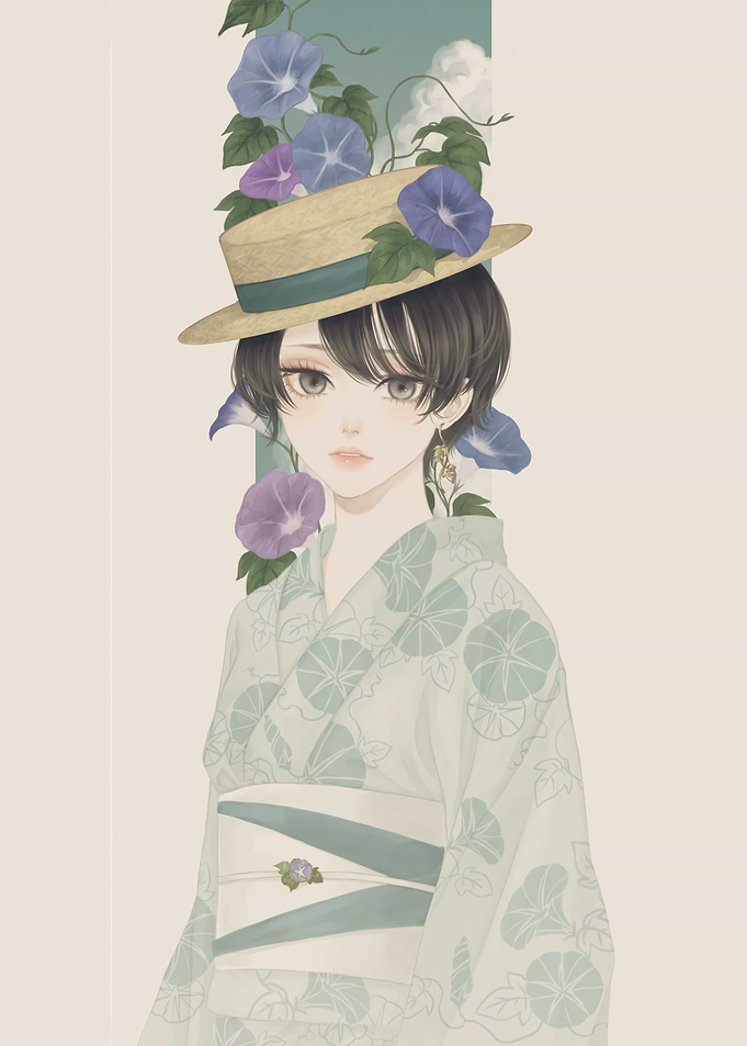 Girl in Yukata with Morning Glories