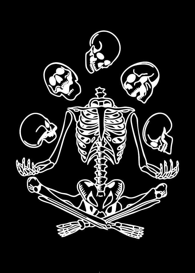 Meditating Skeleton Juggling Skulls