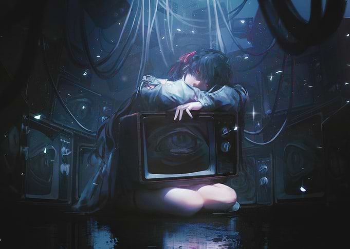 Anime Girl Surrounded by Vintage TVs