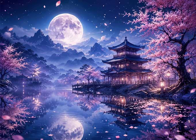 Moonlit Japanese Temple with Cherry Blossoms