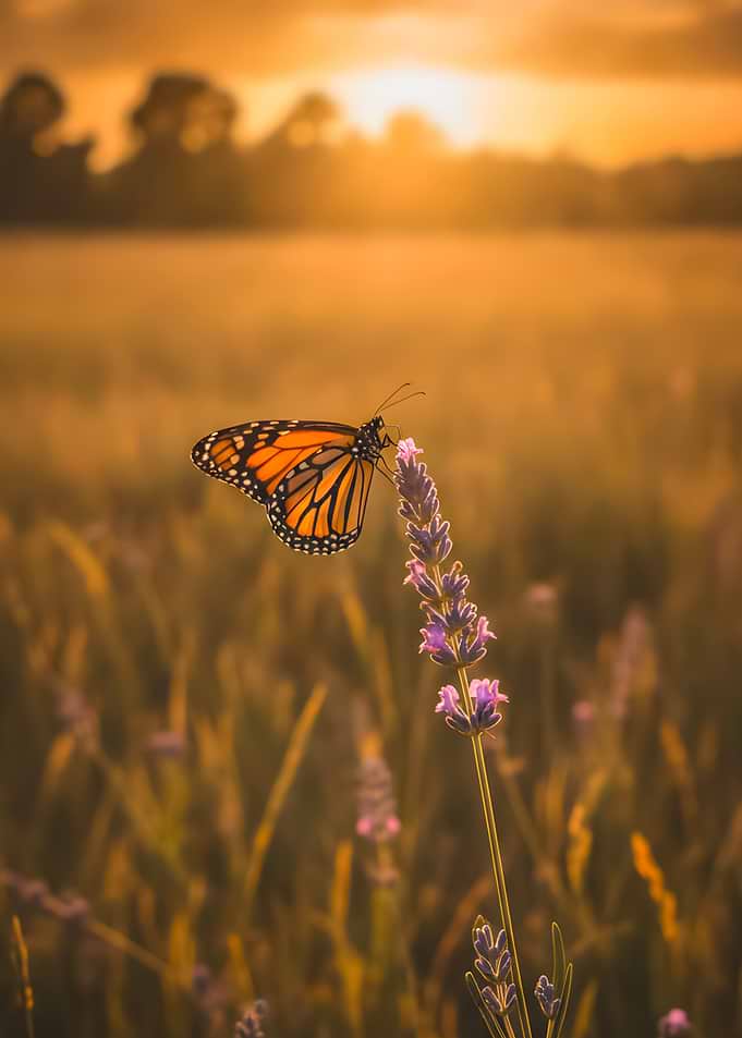 Monarch Butterfly on Lavender at Sunset