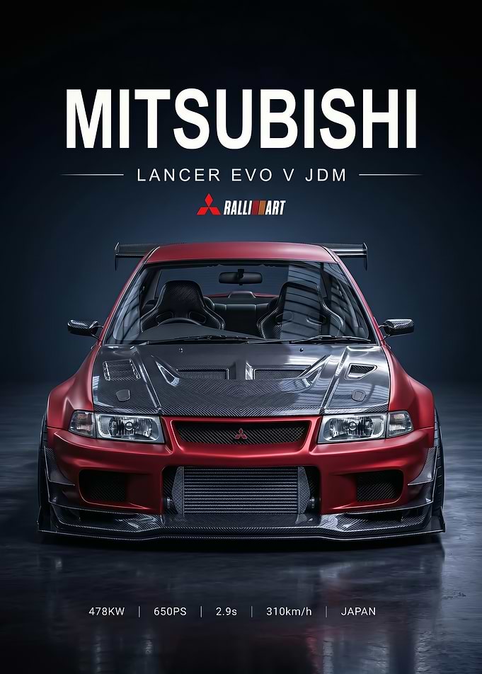 red sleek Mitsubishi Lancer Evo V JDM Poster