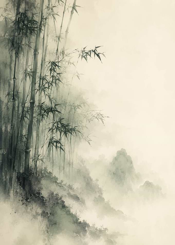 Traditional Ink Wash Bamboo Landscape