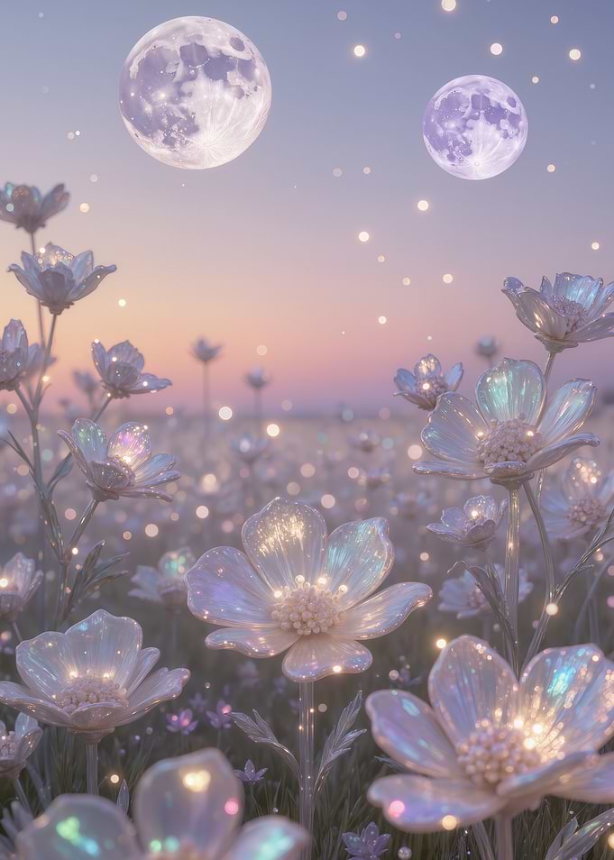 Twin Moons Over a Glowing Flower Field, Dreamy Celestial Wall Art