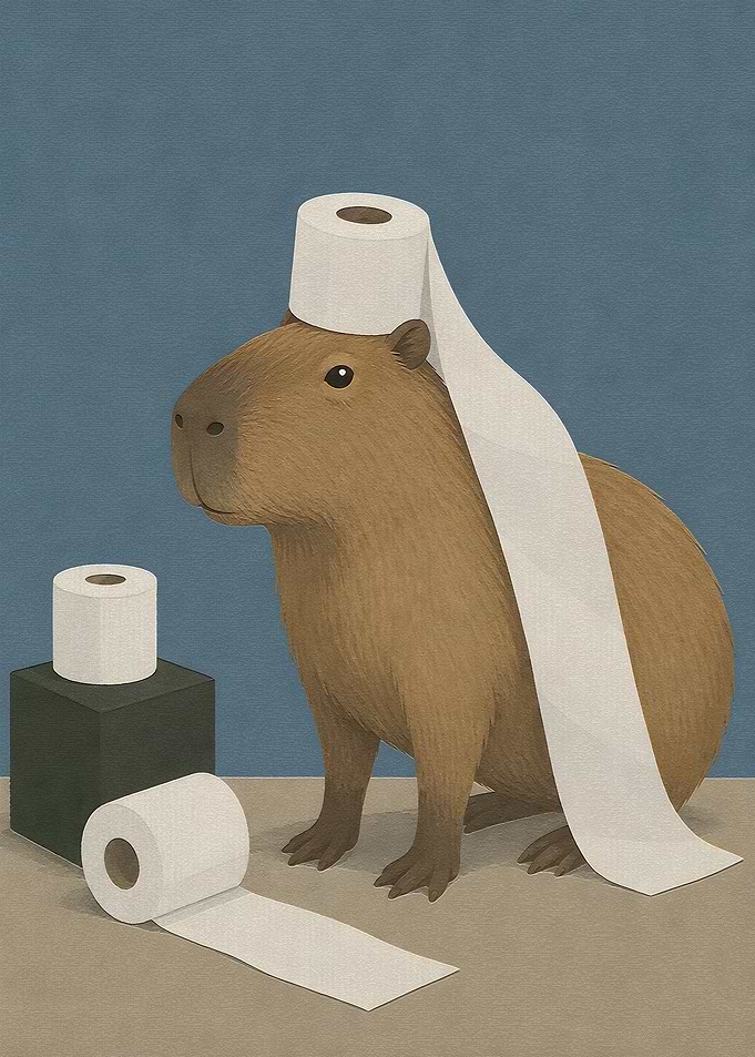 Capybara with Toilet Paper Rolls