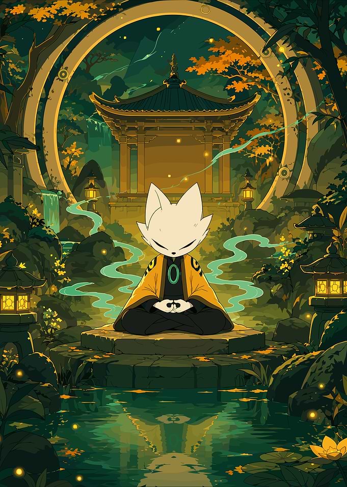 Pixel Art Fox Meditating in Temple