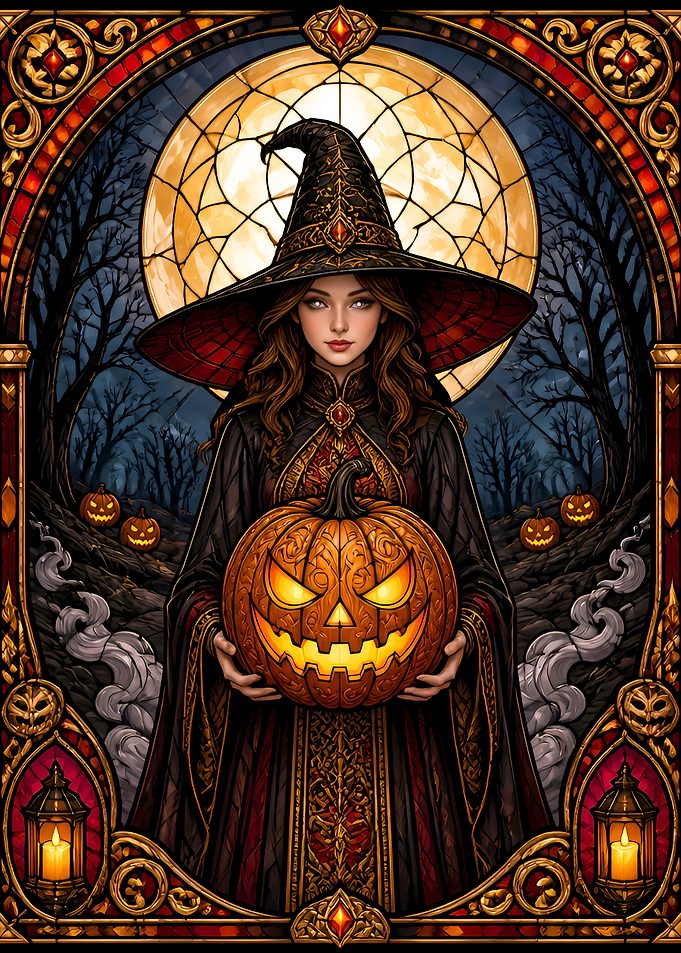 Stained Glass Witch with Jack-o'-lantern