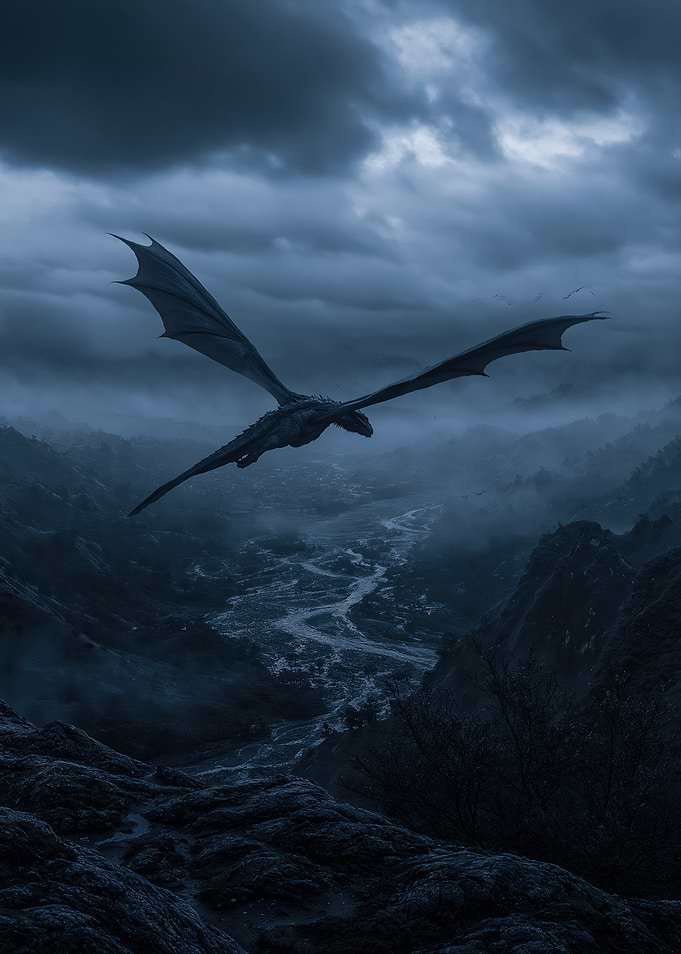 Dragon Flying Over Misty Valley