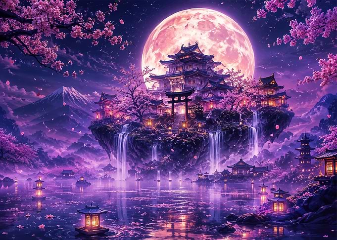 Floating Japanese Temple Under Giant Moon