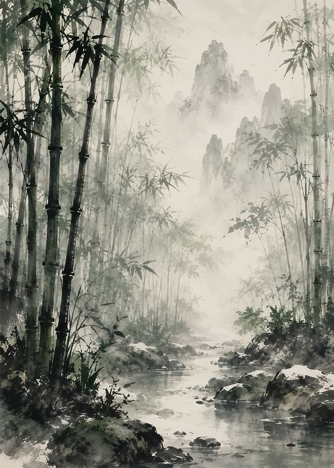 Traditional Ink Wash Bamboo Forest Landscape