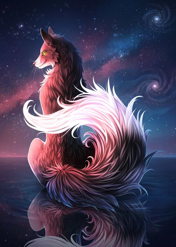 Celestial Fox Under Cosmic Sky