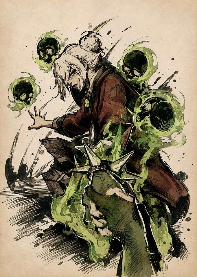 Necromancer Character with Green Spirit Skulls