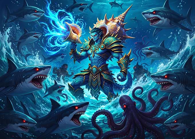 Merman Warrior Commanding Sea Creatures