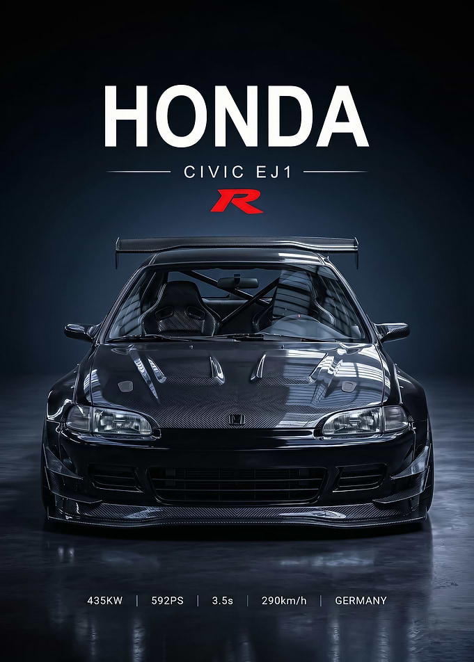 black sleek Honda Civic EJ1 Type R Poster