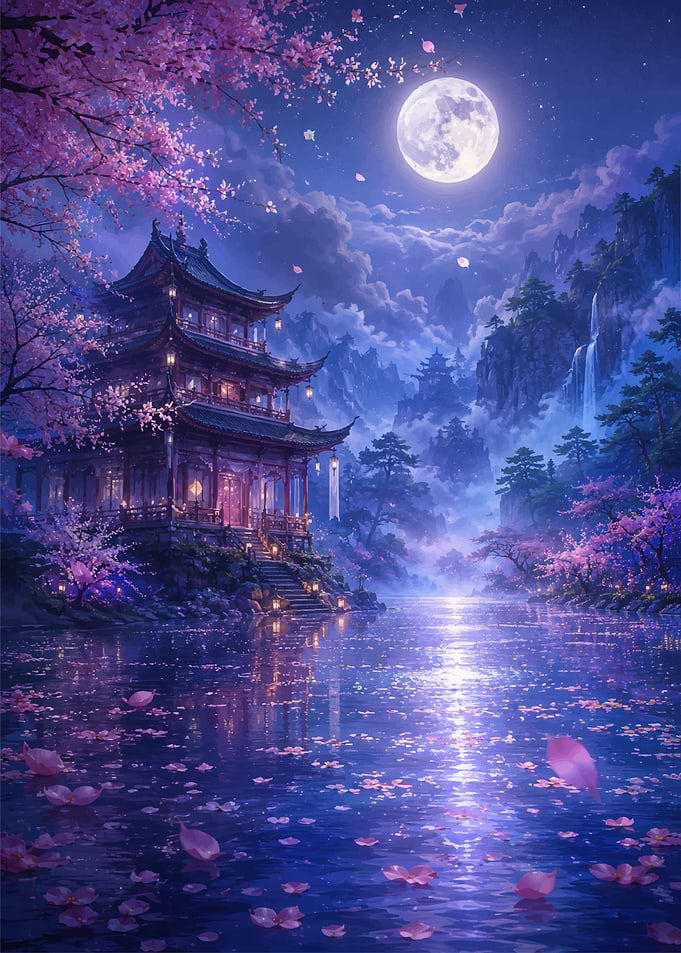 Moonlit Pagoda with Cherry Blossoms