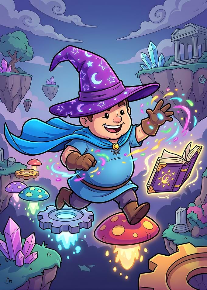 Cartoon Wizard Flying on Mushroom