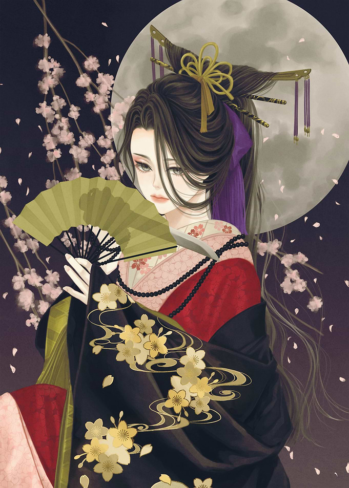 Elegant Geisha with Fan and Moon
