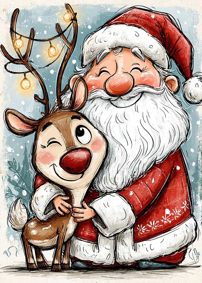 Santa Claus Hugging Cute Reindeer