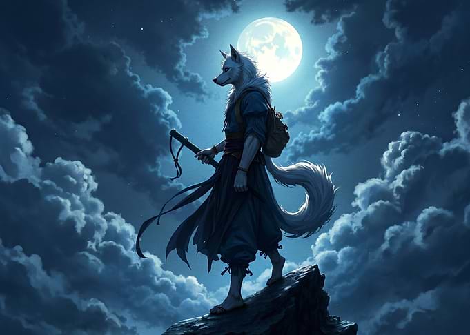 Wolf Samurai Under Full Moon