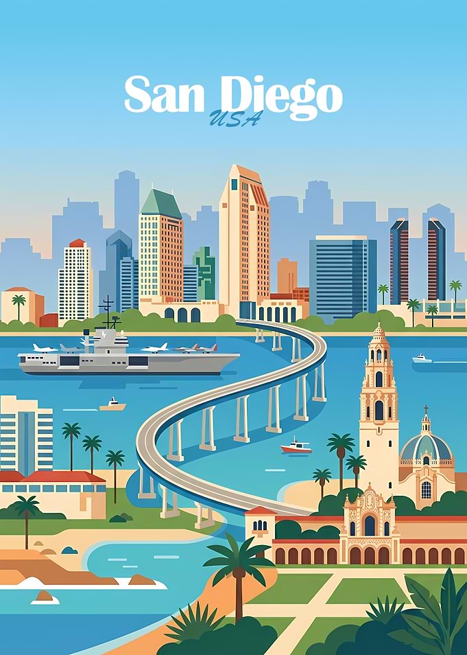 San Diego Cityscape Travel Poster