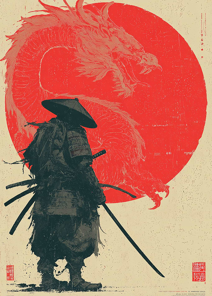 Samurai Warrior with Dragon Silhouette