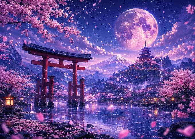 Ethereal Japanese Temple Under Full Moon