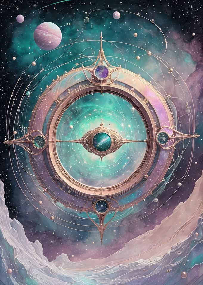 Astral Orrery - Ornate Celestial Portal in Teal and Lavender Nebula