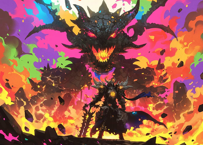 Warrior Facing a Rainbow Dragon