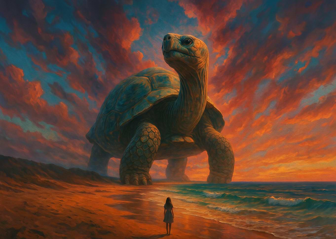 Giant Turtle on a Sunset Beach
