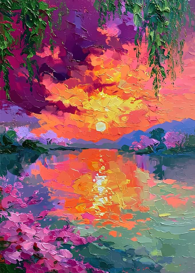 Vibrant Impasto Sunset Over Lake