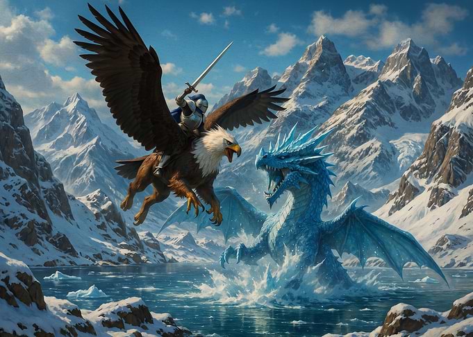 Knight Riding Eagle Fighting Ice Dragon