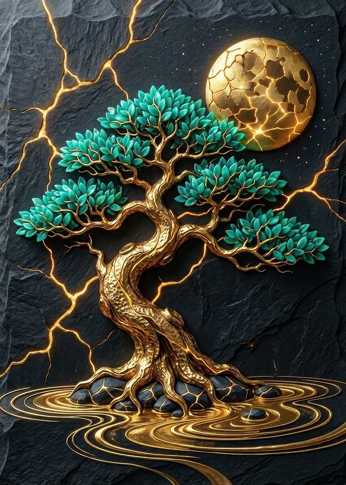 Golden Bonsai Tree with Cracked Moon