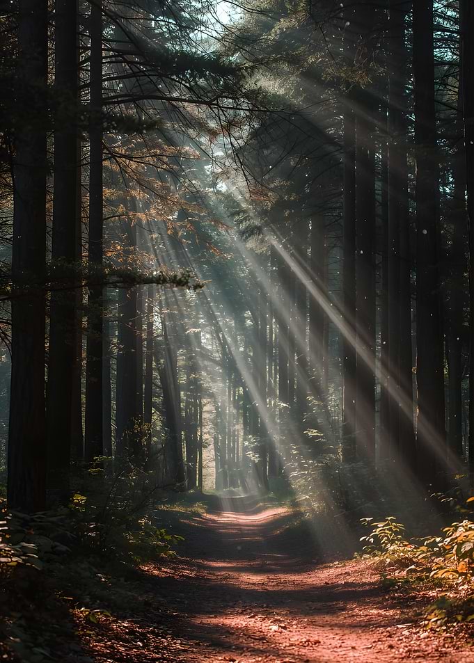 Sunlight Streaming Through Forest Trees