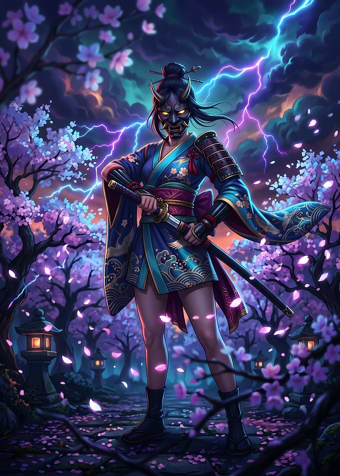Oni Mask Samurai Warrior in Sakura