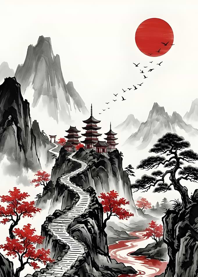 Traditional Japanese Mountain Temple Landscape