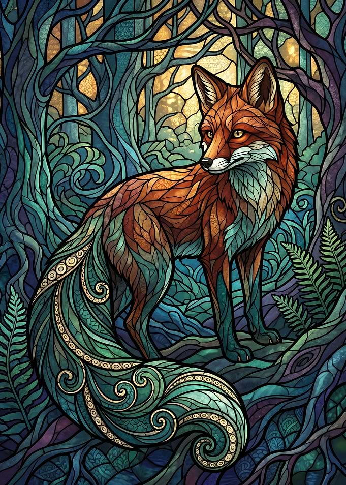Stained Glass Fox in Enchanted Forest