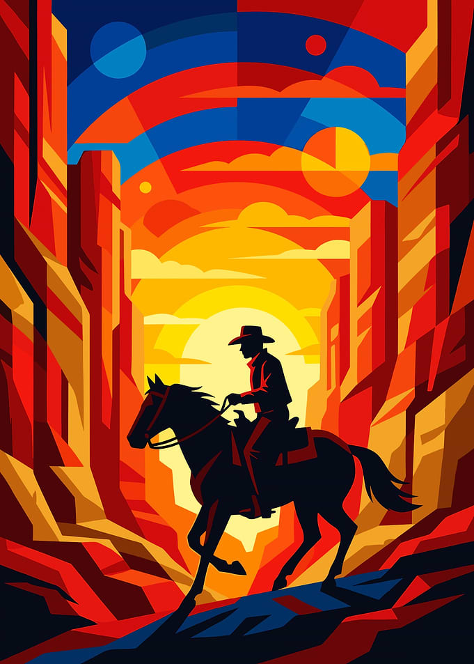 Geometric Cowboy Riding Through Canyon