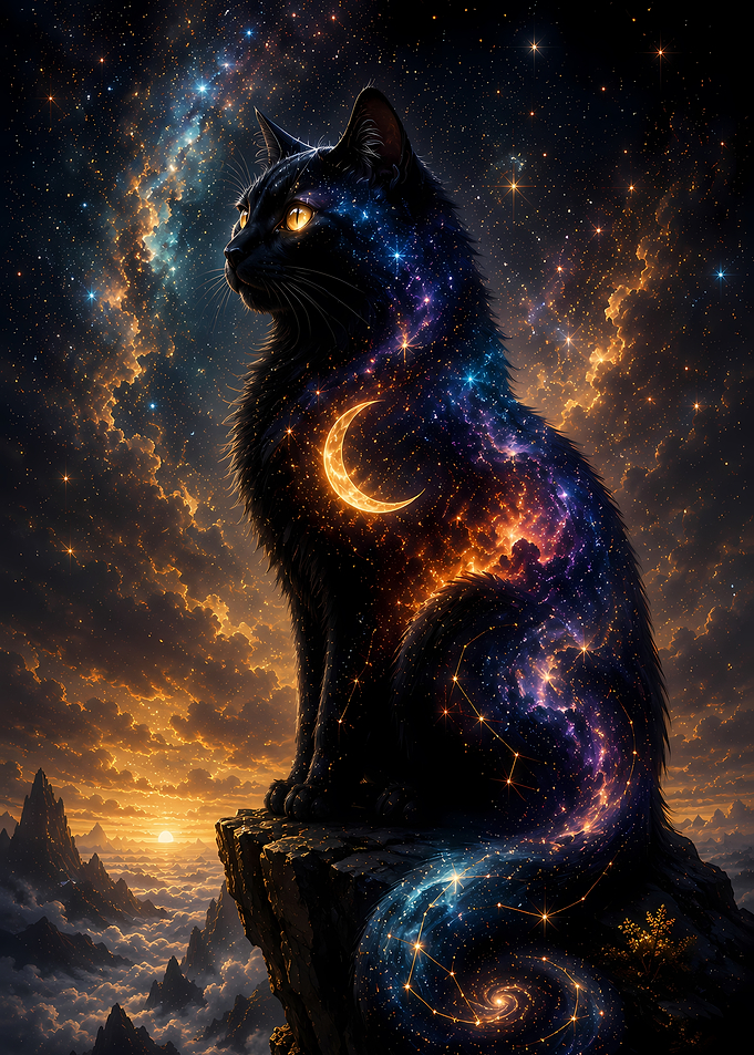 Celestial Cosmic Cat on Mountain Peak