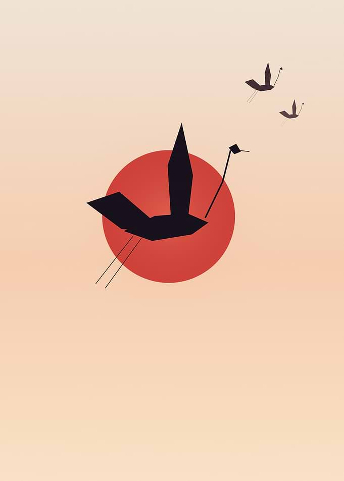 Japanese Crane - Minimalist Red Sun Bird in Flight