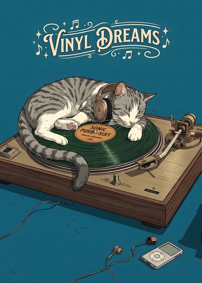 Cat Sleeping on Vinyl Record Player