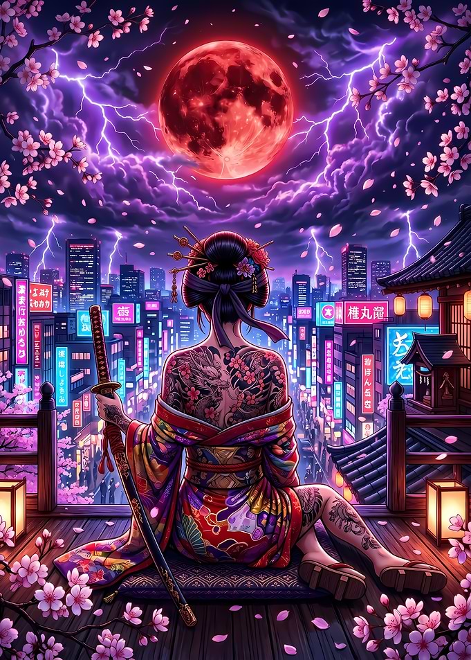 Geisha with Katana Under Red Moon